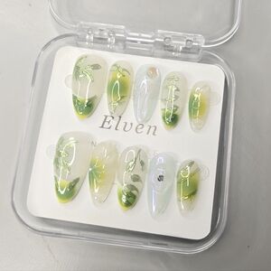 Green Ombre French Tips & Floral Pearl White Almond Handmade Press On Nails